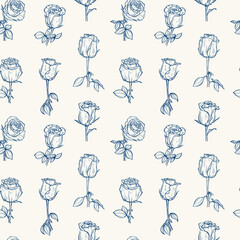 Outline Roses Vector Vintage Floral Background. Sketch Flowers Seamless Pattern. Hand drawn Branches of Rose Flower. Plants Wallpaper
