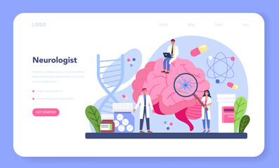 Neurologist web banner or landing page. Doctor examine human brain.