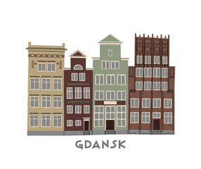 Vector color hand drawn illustration with an old town city cute house panorama. Gdansk, Poland.