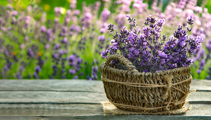 Fresh lavender on wooden table. Summer flower background.