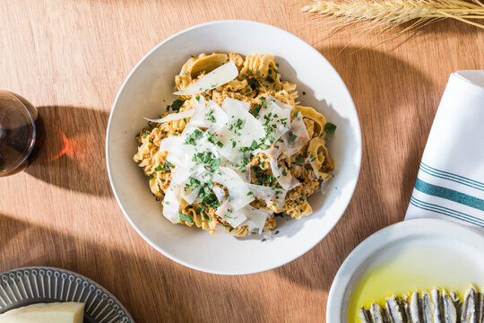 Mafaldine pasta dish on table