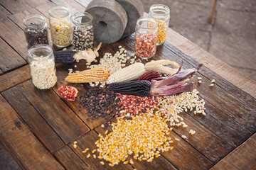 Different species and colors of corn on wooden table. Corn for tortillas on wooden table. Mexican...