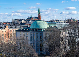 Stockholm, March 8 2021: Stockholm School of Economics and St. John's Church (Johanneskyrkan)