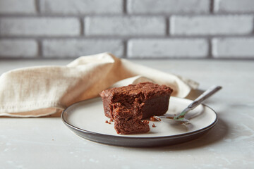 Chocolate brownies dessert on plate with napkin. Bakery, confectionery concept