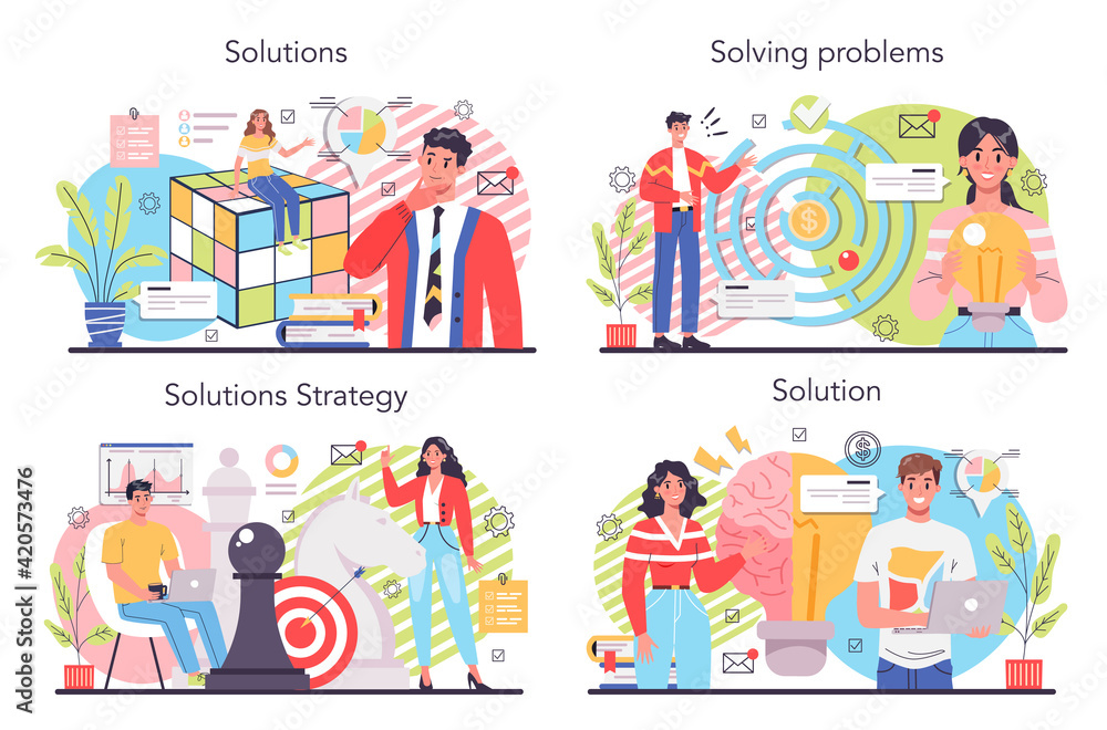 Poster solution concept illustration set. solving the problem and finding creative