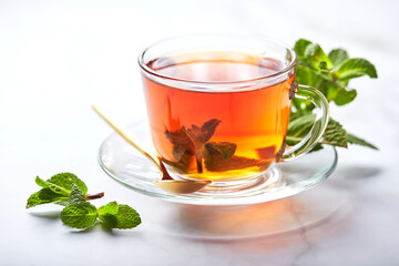 Black tea in glass transparent mug with mint leaves. Soothing tea, anti-stress