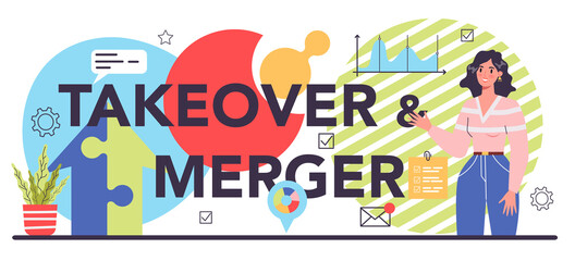 Company takeover and merger typographic header. Business progress,
