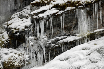 Fototapeta na wymiar Icicles formed on a cliff wall.