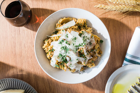 Mafaldine pasta dish on table