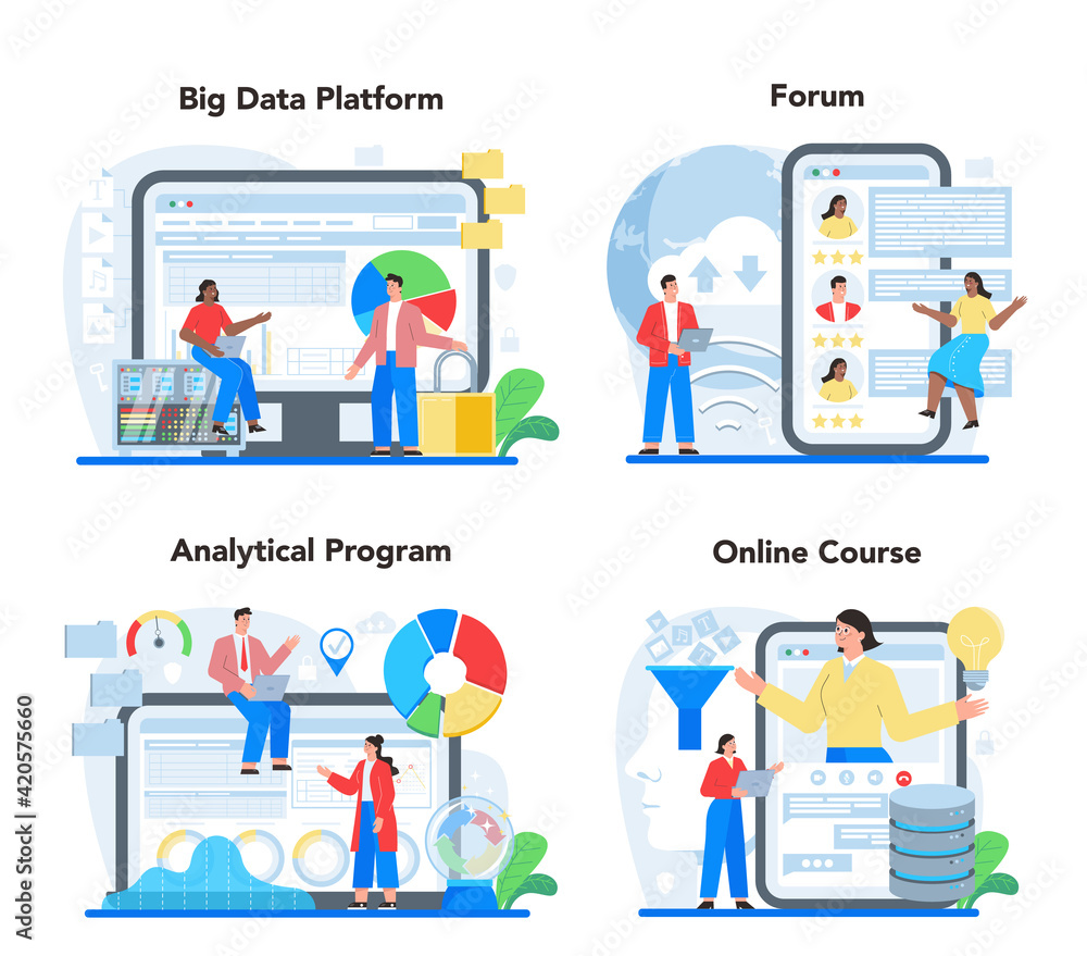 Poster business big data analytics online service or platform set. chart and graph