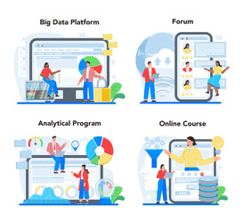 Business big data analytics online service or platform set. Chart and graph