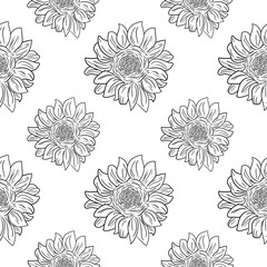 Seamless pattern with the image of a sunflower in the sketch style. Black and white print. Design for textiles, paper and decor.