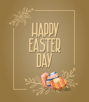 Happy easter day text with painted eggs and contour twigs as elements in frame. Happy easter card vector illustration.
