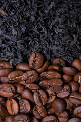 pile stack of dried tea leaves and roasted coffee beans seeds: theine vs caffeine. background