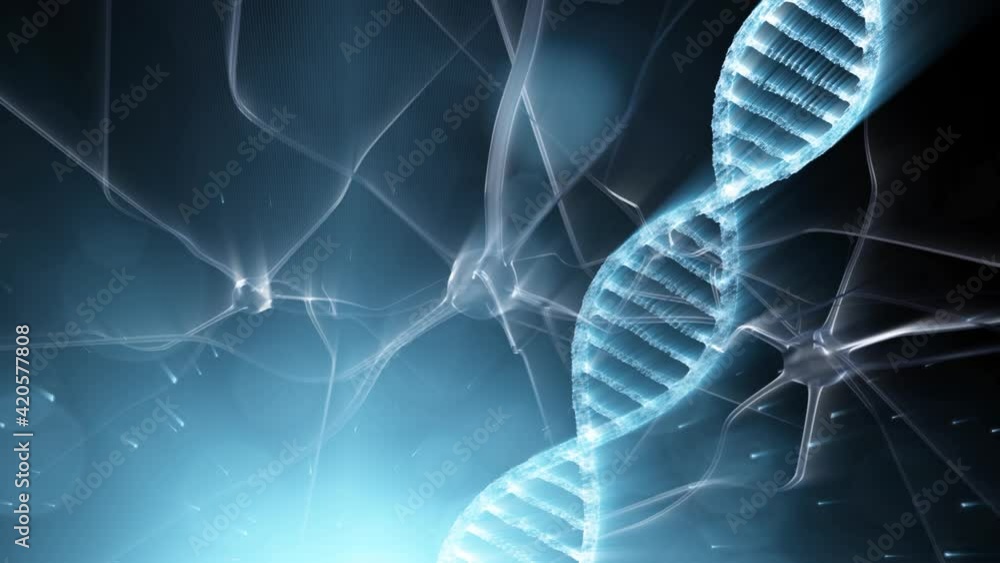 Poster pulsing neurons with dna strand cell structure rotation blue modern animated background.
