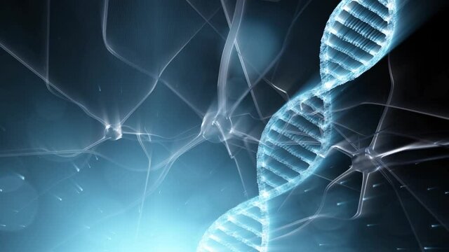 Pulsing neurons with DNA strand cell structure rotation blue modern animated background. 