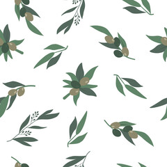 Seamless pattern of olive branches with berries and leaves, flowers on a white background. Vector graphics.