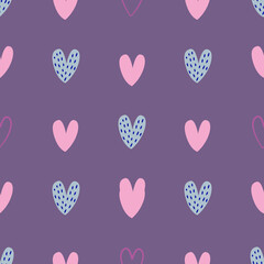 Doodle style uneven different hearts seamless repeat vector pattern. Hand drawn violet, lilac, purple, pink, blue, pastel colors.