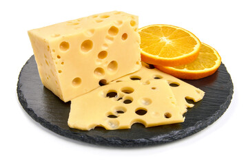 Emmental cheese, Swiss cheese, isolated on white background. High resolution image
