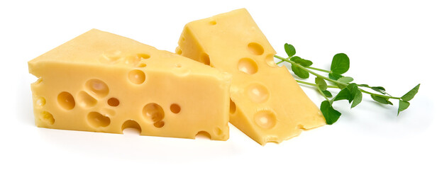 Emmental cheese triangle, Swiss cheese, isolated on white background. High resolution image