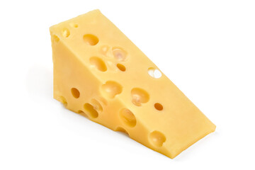 Emmental cheese triangle, Swiss cheese, isolated on white background. High resolution image