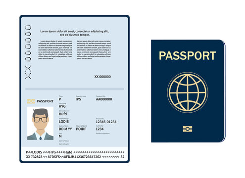 Vector Blank open passport template. International passport with sample personal data page. Vector illustration.