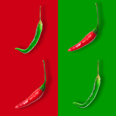 Seamless pattern of red and green hot chilli peppers isolated on red and green backgrounds. Pop art