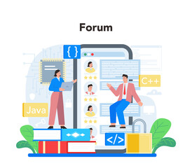 Programmer online service or platform. Coding, testing and writing program.