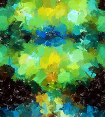 Blue green and yellow background Acrylic mural Blossom bouquet Digital drawn canvas Vivid brush strokes Ink explosion Spotted pattern Creative mixed media artwork image