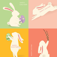 Happy Easter. A set of four white, funny cartoon rabbit character with Paschal egg. Design template for Banner, flyer, invitation, greeting card, poster.