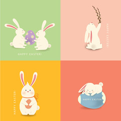 Happy Easter. A set of four white, funny cartoon rabbit character with Paschal egg. Design template for Banner, flyer, invitation, greeting card, poster.