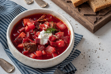 Ukrainian and russian national red soup borsch.