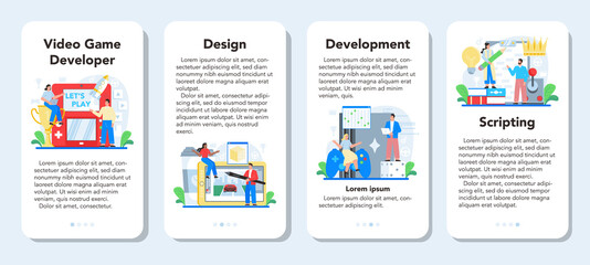 Video game development mobile application banner set. Creative process