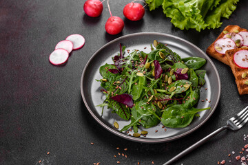 Fresh juicy salad with leaves of mangold, arugula, spinach and beets
