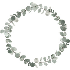 Watercolor round wreath with silver dollar eucalyptus. Healing Herbs for Cards, Wedding Invitations, Posters, Save the Date or Welcome Design Summer floral with space for your text.