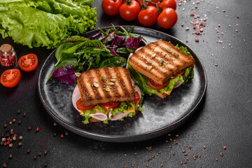 Delicious sandwich with crisp toast, ham, lettuce and tomatoes