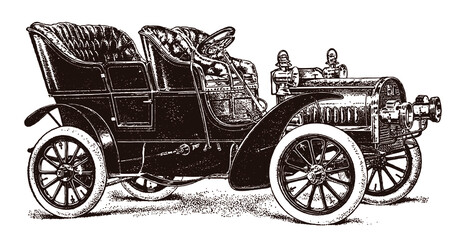 Fototapeta na wymiar Open antique two cylinder touring car in three-quarter view