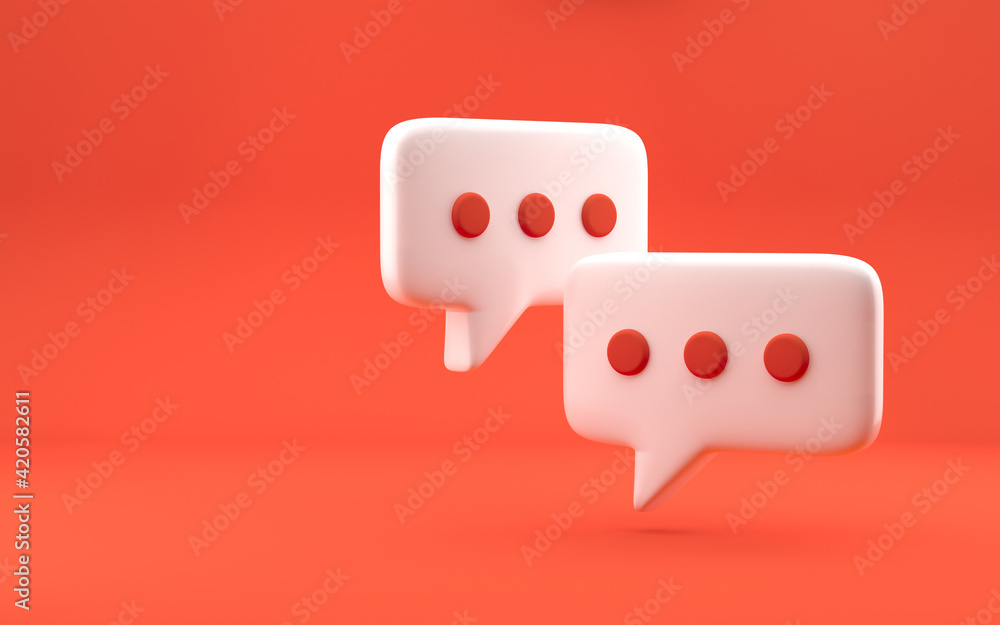 Poster chating bubble icons with dots. modern design, 3d rendering. bright red background.