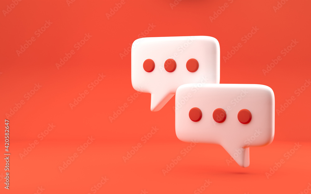 Poster chating bubble icons with dots. modern design, 3d rendering. bright red background.