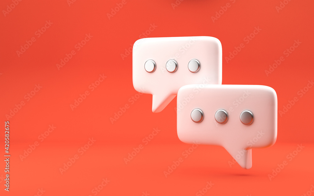 Poster chating bubble icons with metallic dots. modern design, 3d rendering. bright red background.