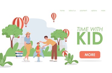 Time with kid vector flat landing page template. Happy smiling family spending summer weekend together at city park. Mother, father with son riding on toy horse. Family time, outdoor activity concept.