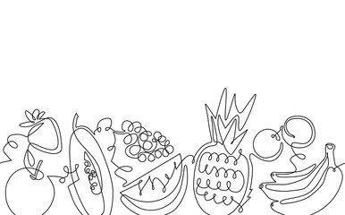 Seamless Horizontal Pattern with Fruits and empty space for text on top. Summer Banner isolated on white Background. Single art Style. Poster with organic food. 