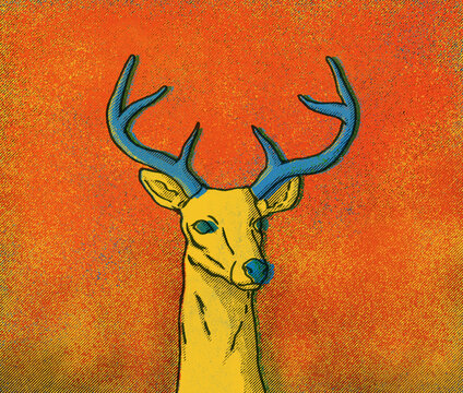 Illustration Of Yellow Deer On Red Background