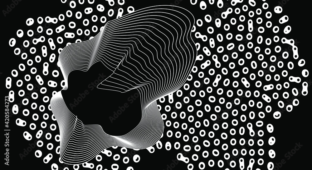 Poster abstract artwork with deformed shapes and forms in black and white colors.