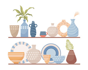 Different handmade ceramics for home decoration vector flat illustration isolated on white background. Kitchen utensil, tableware, porcelain vases with domestic plants, clay plates.