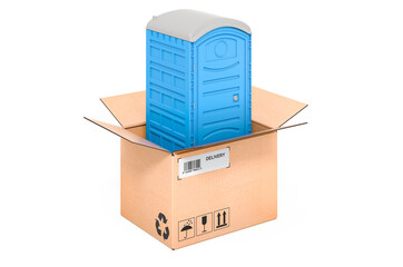 Mobile portable blue plastic toilet inside cardboard box, delivery concept. 3D rendering