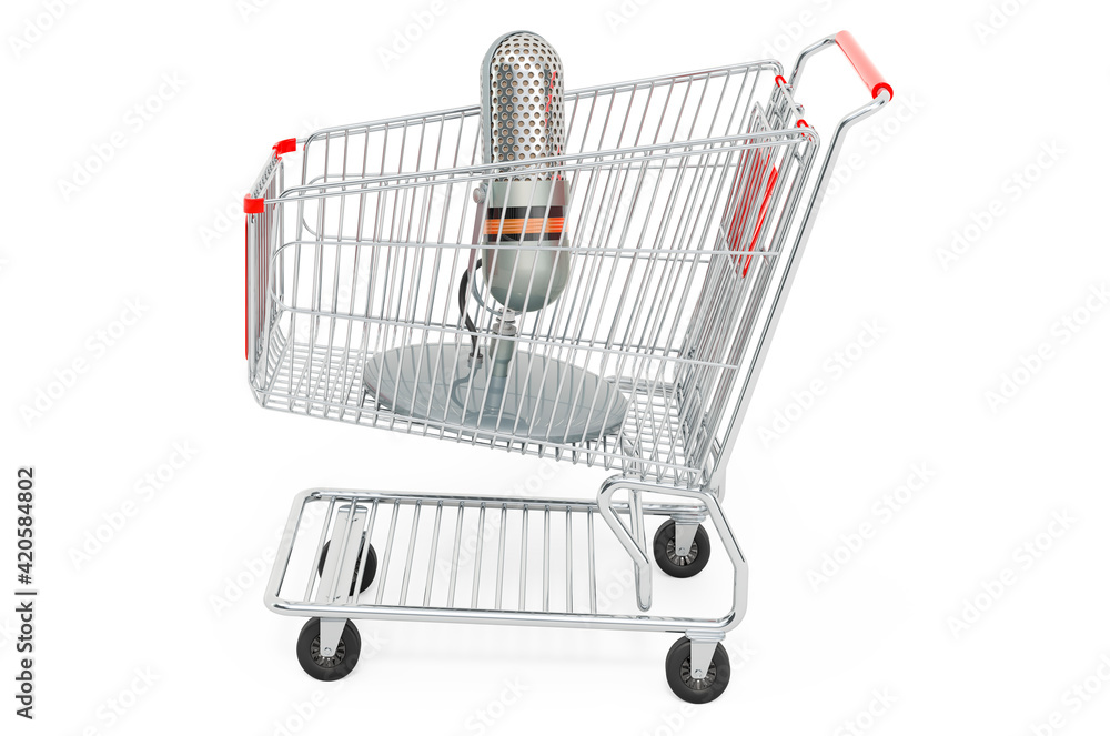 Wall mural shopping cart with retro microphone. 3d rendering