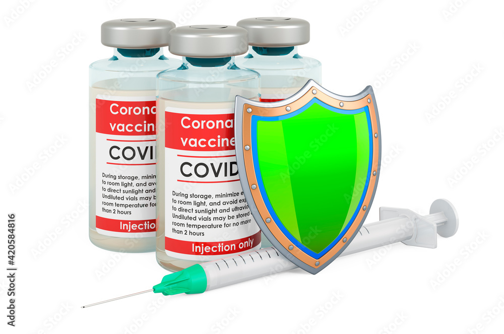 Poster vaccine with shield, 3d rendering
