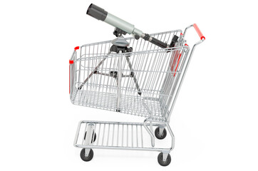 Shopping cart with telescope. 3D rendering