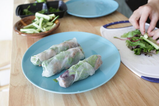 Asian Style Cold Rolls on blue plate